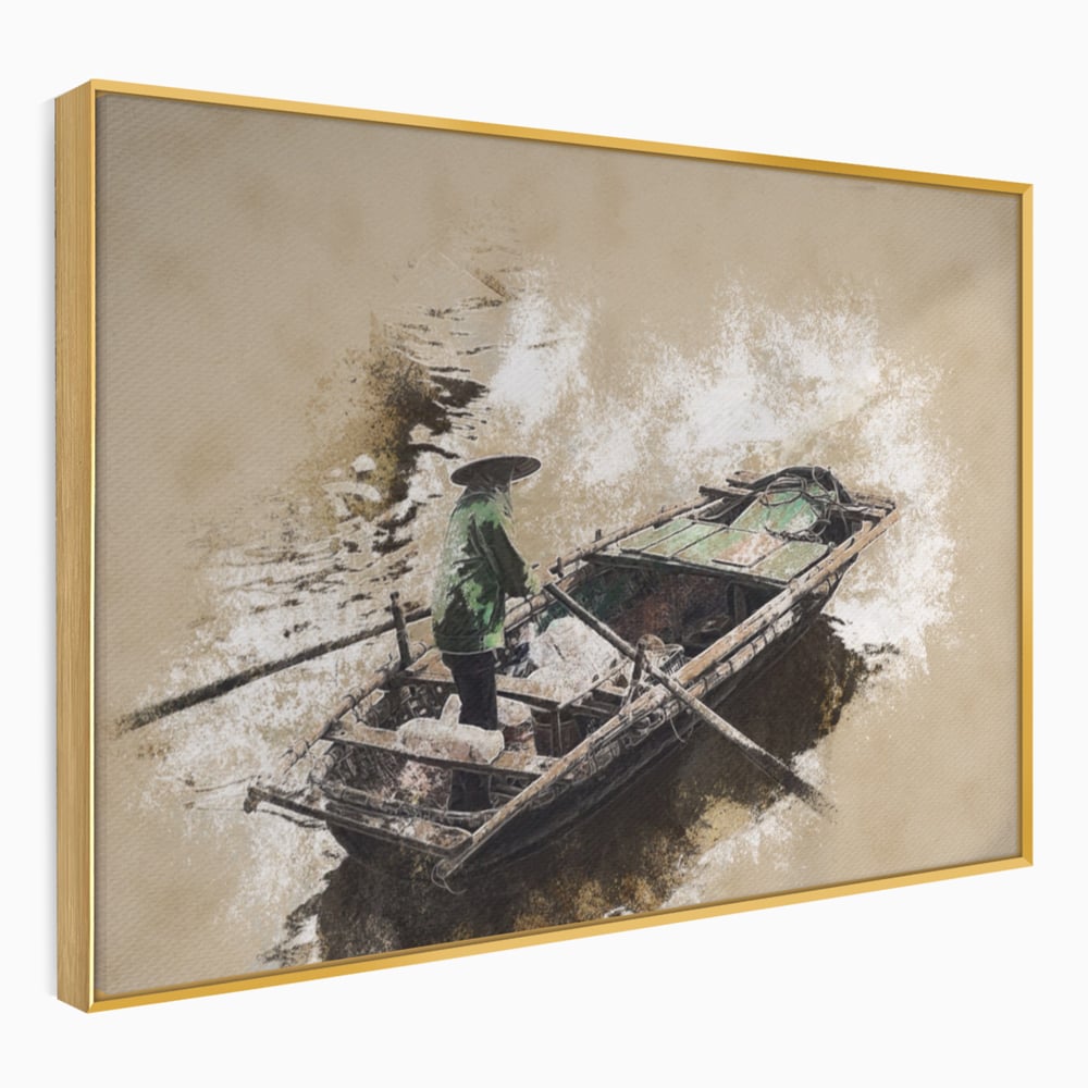 Tablou canvas cu tablou canvas cu pescar pe barca, in rama de aluminiu auriu